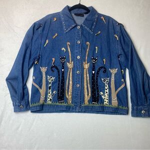 Life Style Denim Button Down Long Sleeve Embroidered Cat Shacket Size Large